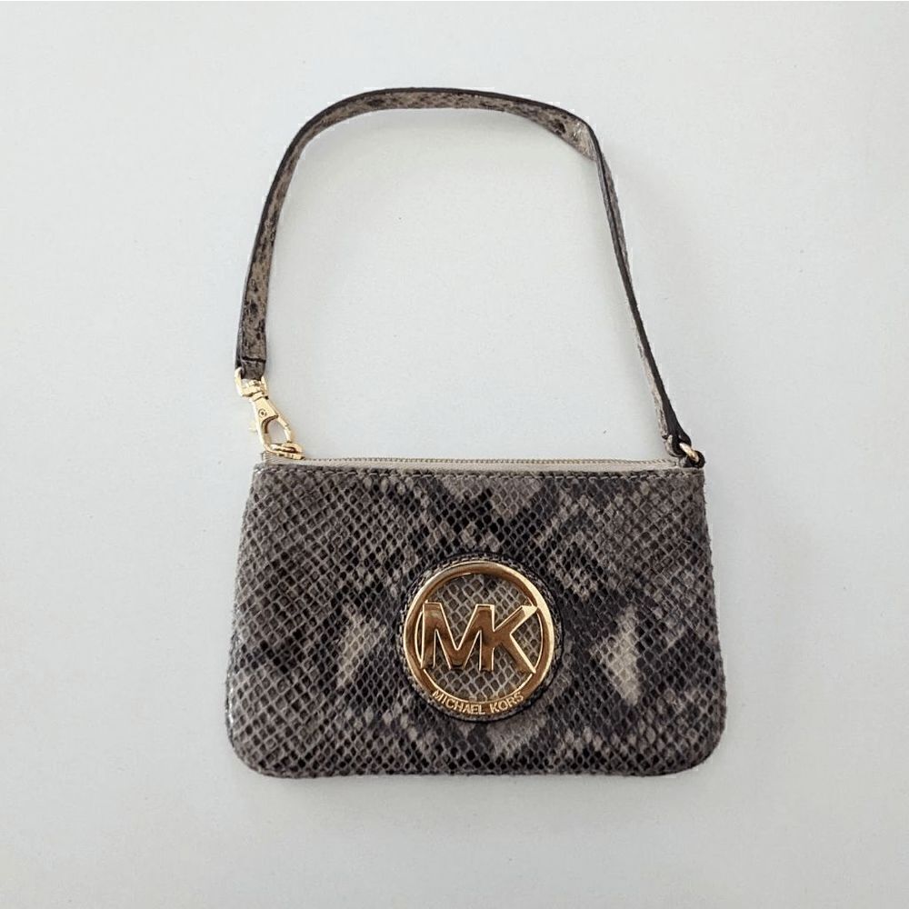 Michael Kors Wristlet Snake Skin Gold Emblem Zip Closure MK Bag 5" x 3" Animal